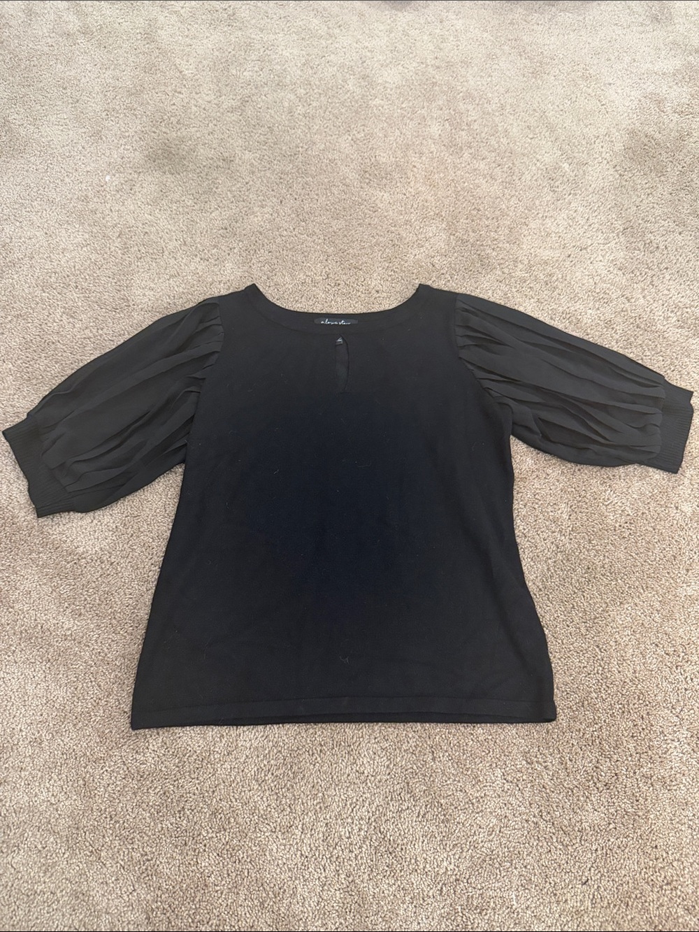 Elegant Black Puff-Sleeve Knit Top with Sheer Sleeves
